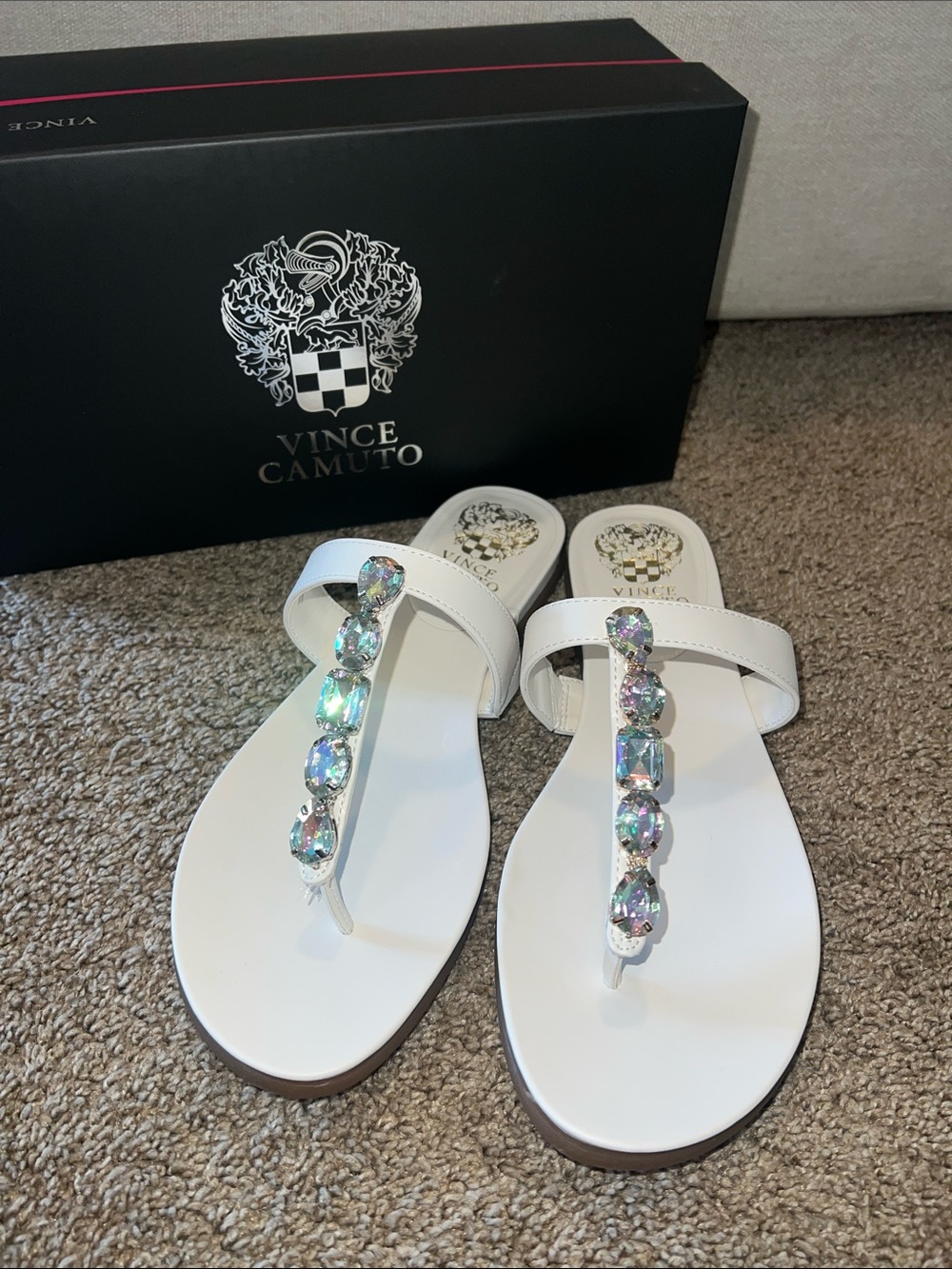 Vince Camuto White Jeweled T-Strap Sandals with Crystal Accents
